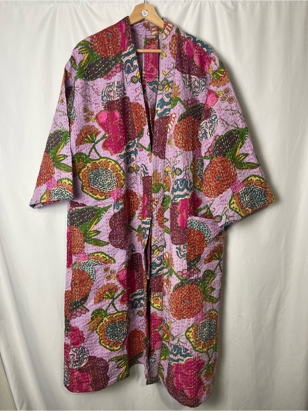 Kantha Quilt Long Robe Jacket Floral Lavender Cotton  One Size 2 pocket belt